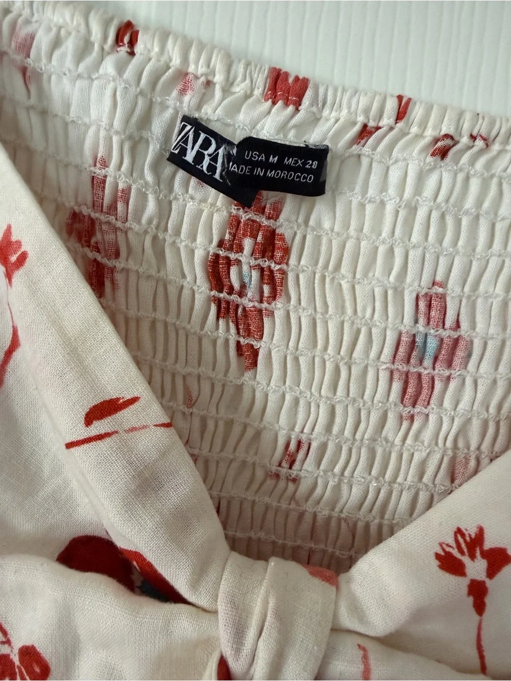 Zara White Puff-Sleeve Floral Tie-Front Blouse
